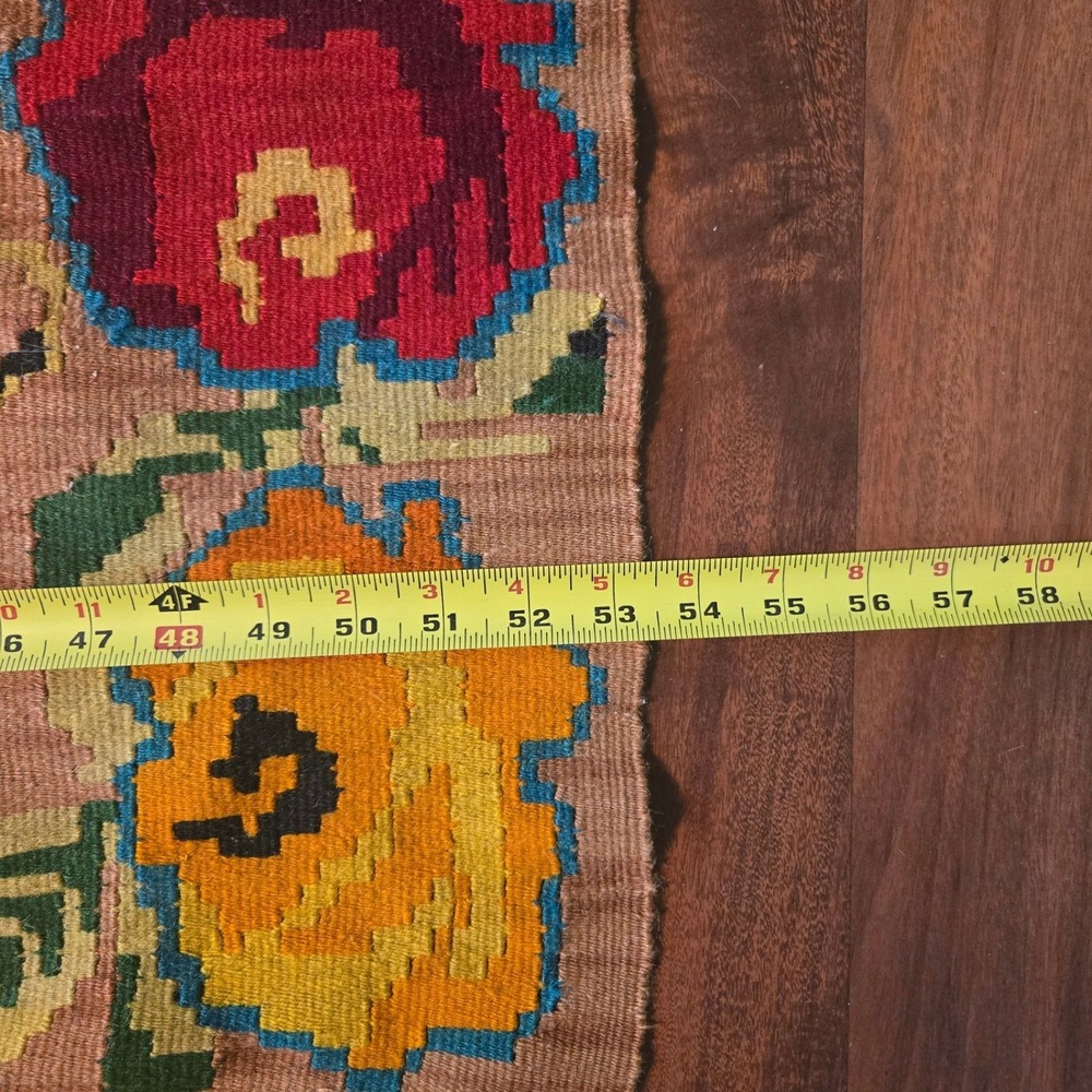 Vintage Handwoven Kilim Rug Floral Medallion Turquoise Tan Boho Flatweave Fringe - Picture 15 of 16